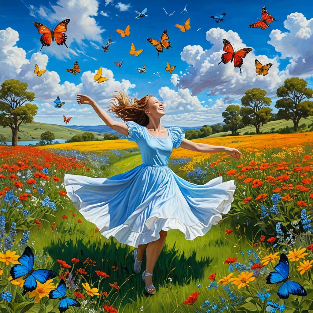 A bright, whimsical scene featuring a person joyfully dancing in a field of wildflowers, butterflies fluttering around. In the background, a clear blue sky with fluffy clouds symbolizes freedom and spontaneity. The colors should be vibrant and uplifting, capturing the essence of pleasure and spontaneity in life. Include elements like musical notes and playful animals to enhance the feeling of joy and freedom. super-realistic. vibrant colors. white background.