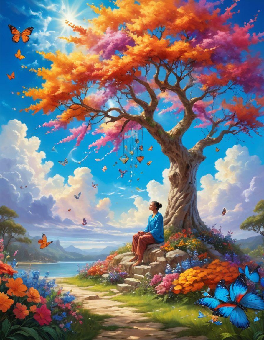 A surreal garden filled with colorful flowers and playful butterflies, representing joy and freedom. In the foreground, a person meditating with a radiant glow around them, symbolizing a carefree mindset. The background has a bright blue sky and fluffy clouds to evoke a sense of peace and exuberance. Elements like keys hanging from tree branches symbolize unlocking potential. vibrant colors. painting.