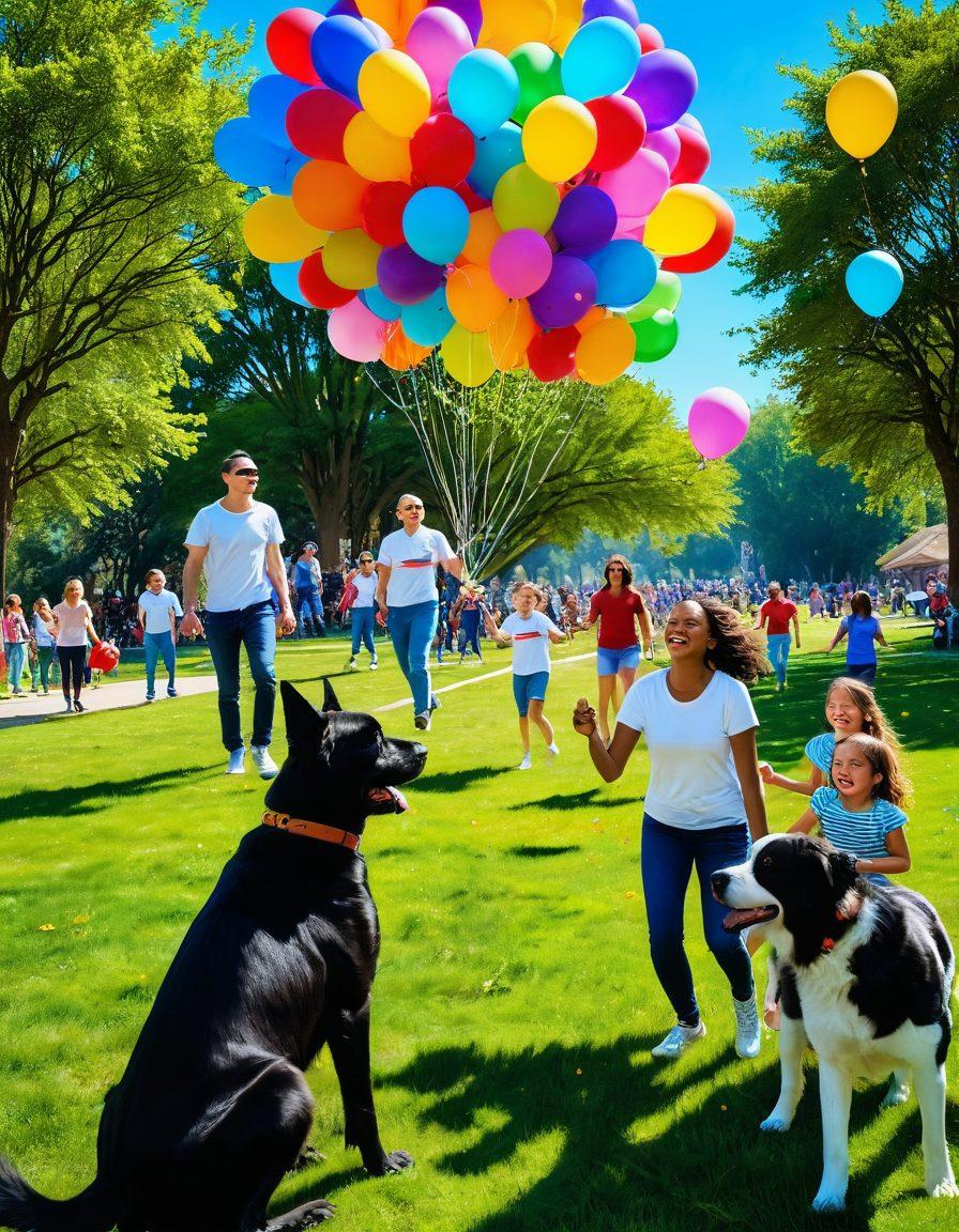 A vibrant scene depicting a diverse group of people laughing and enjoying life in a sunlit park, surrounded by blooming flowers and colorful balloons. Include playful elements like children flying kites and a joyful dog playing fetch, all under a bright blue sky. The atmosphere is filled with energy and warmth, symbolizing carefree exuberance. super-realistic. vibrant colors. cheerful composition.